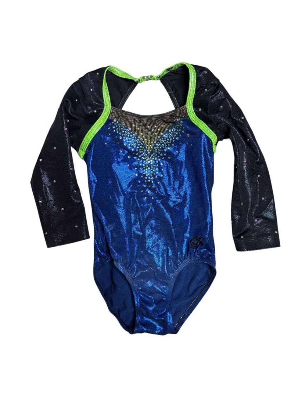 GK Competition Leotard Size SM Child Medium Blue Black Lime Green 3/4 Sleeve
